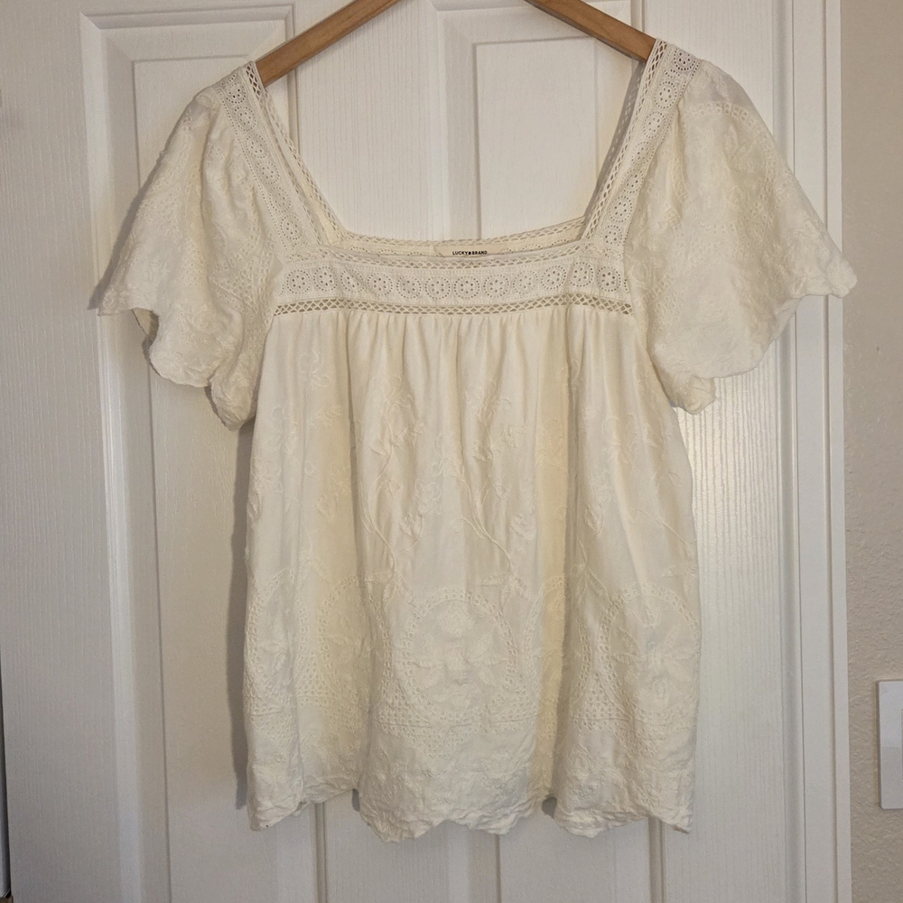 Lucky Brand Cream Eyelet Embroidered Square-Neck Blouse
